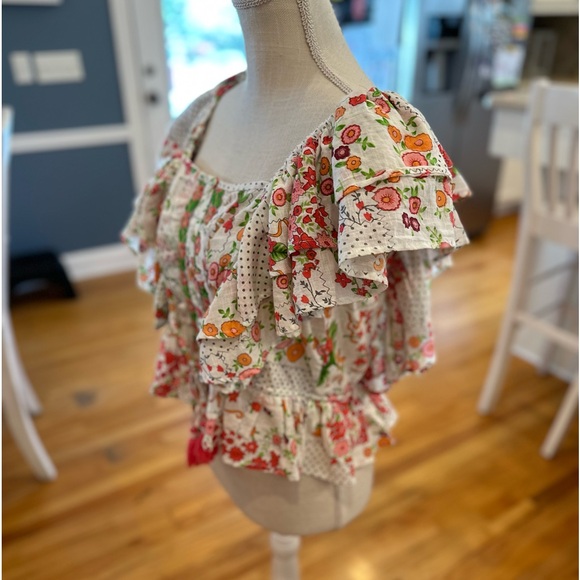 Gipsy Queen white pink green embroidered floral ruffle trim bohemian crop top - Picture 4 of 9